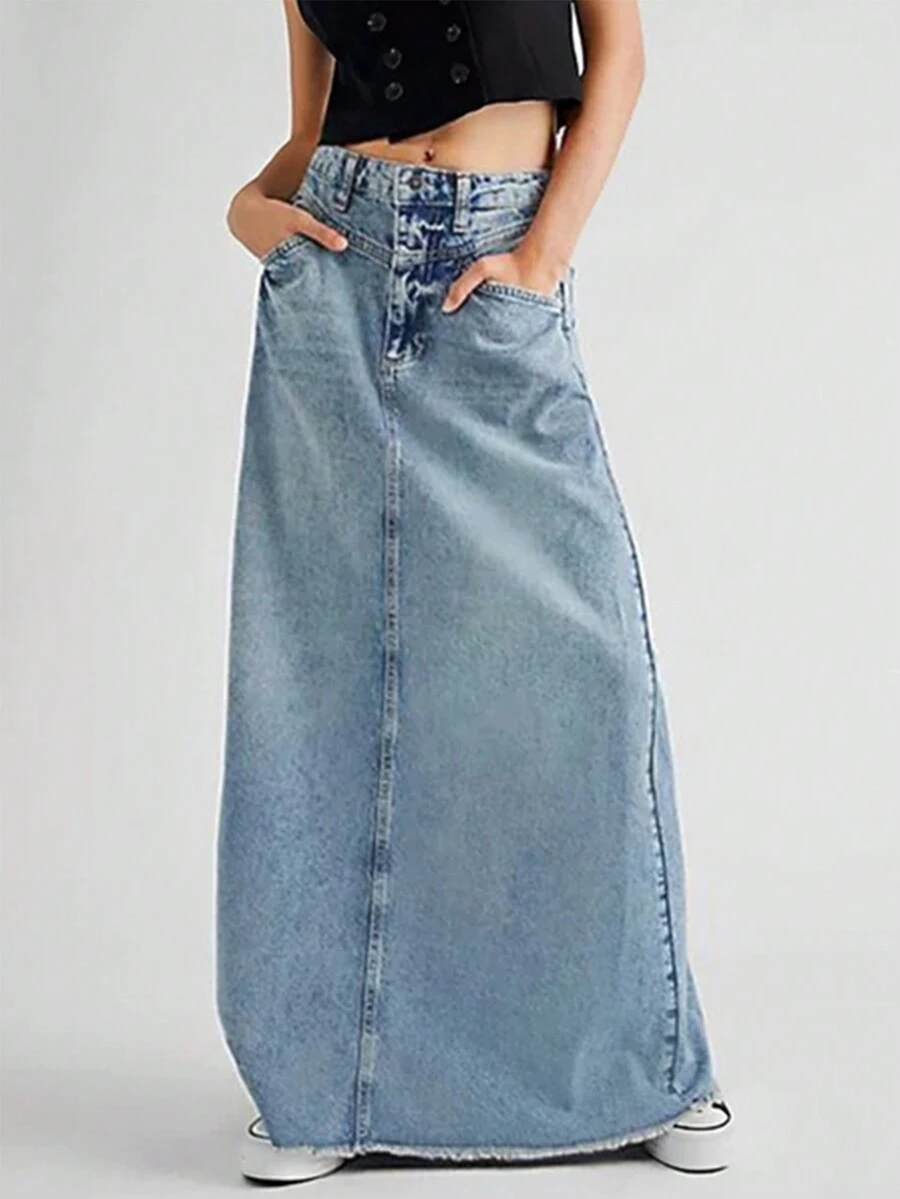 Váy denim cạp cao có viền thô - Màu xanh lam - Xem 1