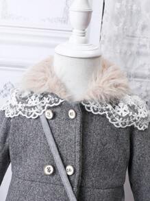 Baby Girl Fuzzy Trim Contrast Embroidery Mesh Double Breasted Overcoat & Bag - Grey - View 4