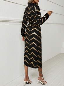 SHEIN Clasi Gold Chevron Print Knot Side Wrap Dress - Black - View 2