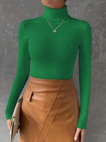 SHEIN Essnce Solid Turtleneck Ribbed Knit Sweater - Green - View 4