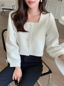 DAZY Casual Business Square Collar Solid Color Blouse For Women Long Sleeve Top