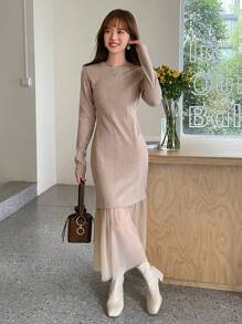 FRIFUL Contrast Mesh Mermaid Hem Bodycon Dress - Coffee Brown - View 4