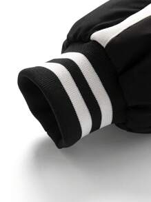 Men Striped Trim Drawstring Hooded Padded Coat - Black - View 3