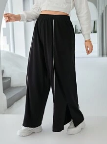 SHEIN Essnce 大碼拼接滾邊闊腿褲 - 黑色 - 查看 7