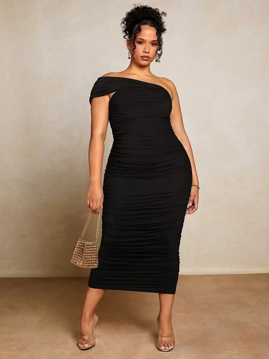 SHEIN BAE Plus One Shoulder Ruched Mesh Bodycon Dress,Birthday Dresses For Women - Black - View 1