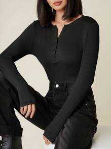 SHEIN BASICS Button Half Placket Rib-knit Tee - Black - View 4