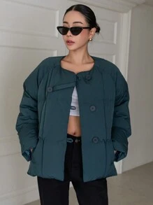 DAZY 纯色纽扣前衬垫厚口袋外套，女式冬季外套夹克 - 墨綠色 - 查看 9