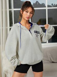 SHEIN EZwear Letter Embroidery Drop Shoulder Drawstring Hoodie In Fall/Winter - Grey - View 3