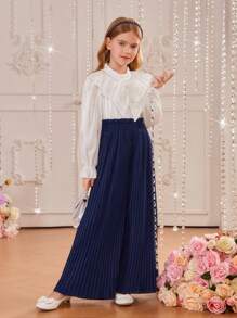 SHEIN 女大童1入組荷葉邊前蝴蝶結襯衫和1入組百褶闊腿褲 - 彩色 - 查看 1