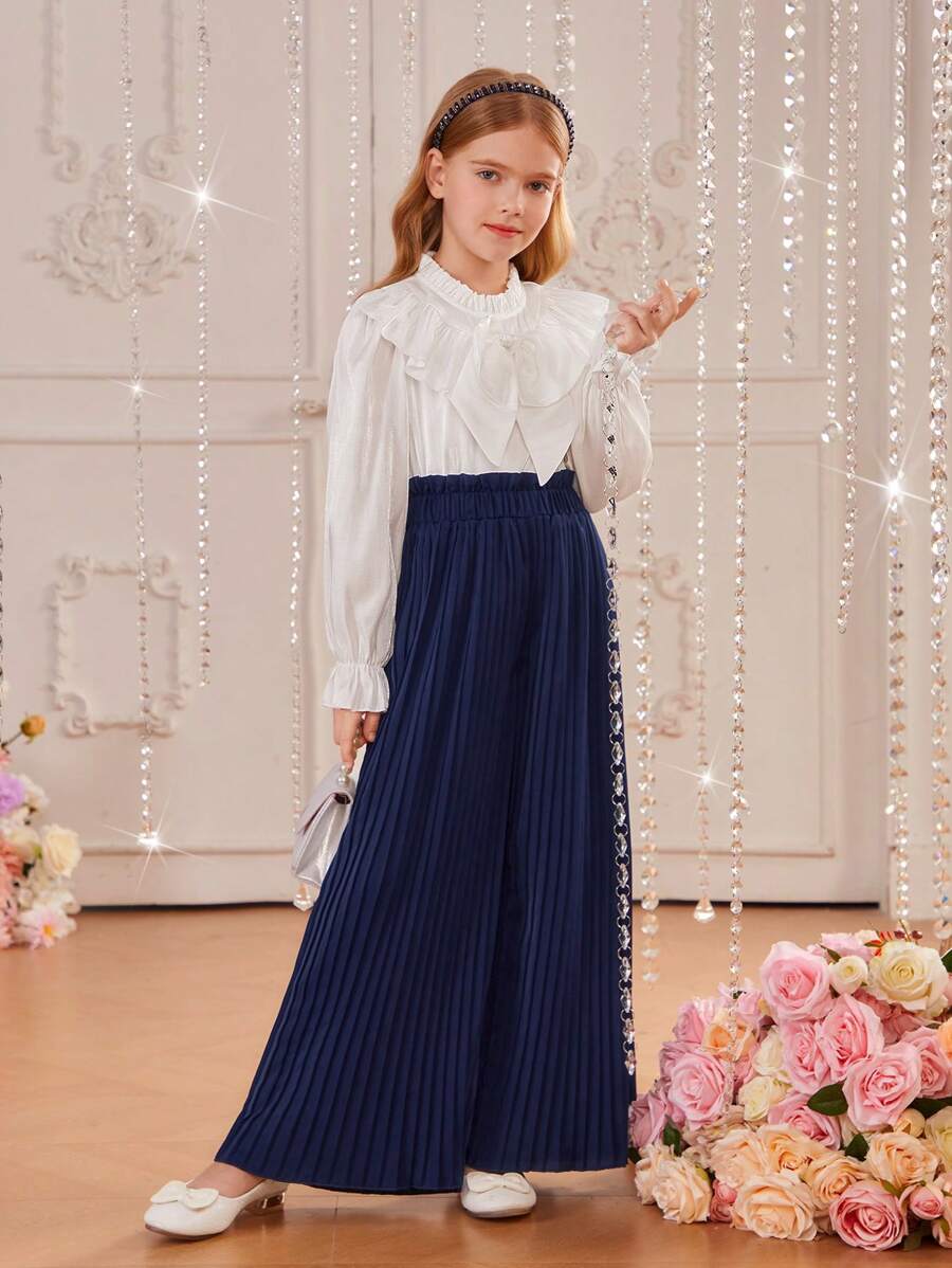 SHEIN 女大童1入組荷葉邊前蝴蝶結襯衫和1入組百褶闊腿褲 - 彩色 - 查看 1