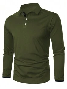 Manfinity Homme Men Solid Polo Shirt, Men Olive Green Polo Shirt, Men Dark Green Polo Shirt, Men Emerald Green Long Sleeve Polo Shirt - Army Green - View 3