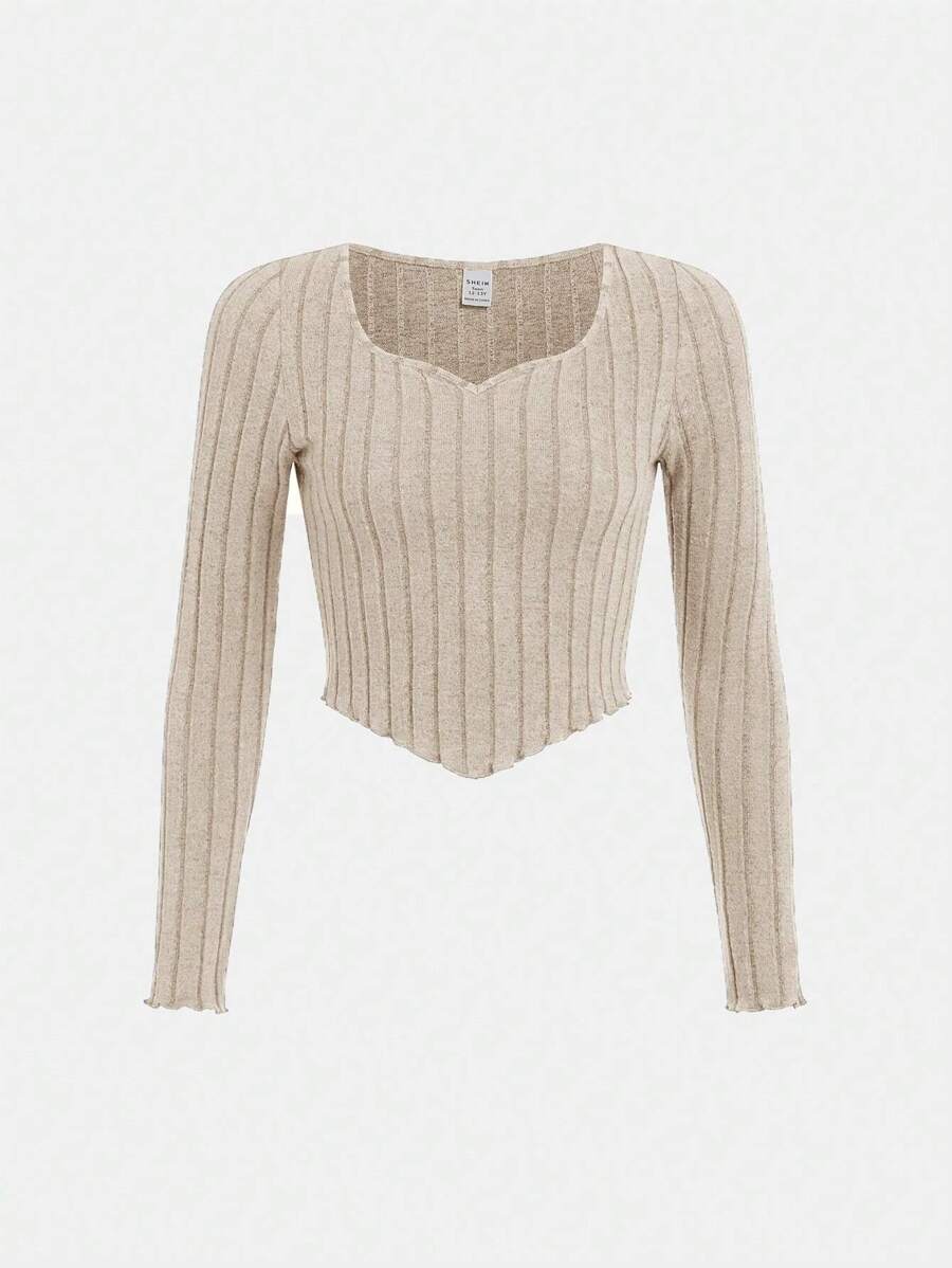 SHEIN Leap Crew 青少年女孩木耳邊手帕下擺短款T恤 - 杏色 - 查看 1