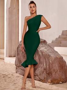 ADYCE One Shoulder Fishtail Hem Elegant Cocktail Party Bodycon Bandage Dress, White Prom Semi Formal Dress,For Birthday,Wedding Guest, Dinner,Homecoming Easter Dress Summer,Graduation Dress