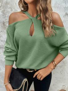 SHEIN Clasi Cold Shoulder Cut Out Solid Sweater,Long Sleeve Tops - Green - View 4