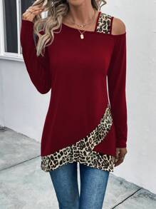 SHEIN LUNE Áo thun cổ tròn họa tiết da báo bất đối xứng Áo thun họa tiết da báo dành cho nữ - Màu Đỏ Sâu - Xem 4