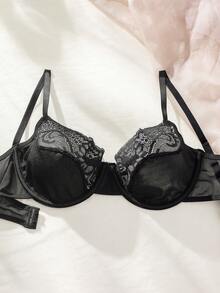SHEIN Contrast Lace Underwire Lingerie Set - Black - View 3