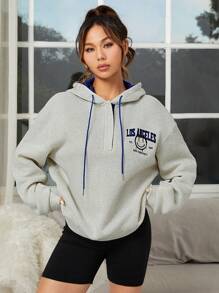 SHEIN EZwear Letter Embroidery Drop Shoulder Drawstring Hoodie In Fall/Winter - Grey - View 6
