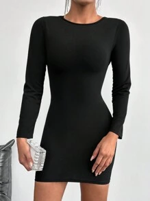 SHEIN Cottnline Solid Ribbed Knit Bodycon Dress - Black - View 1