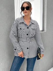 SHEIN Essnce 格紋印花落肩帶蓋口袋束帶大衣 - 黑與白 - 查看 6