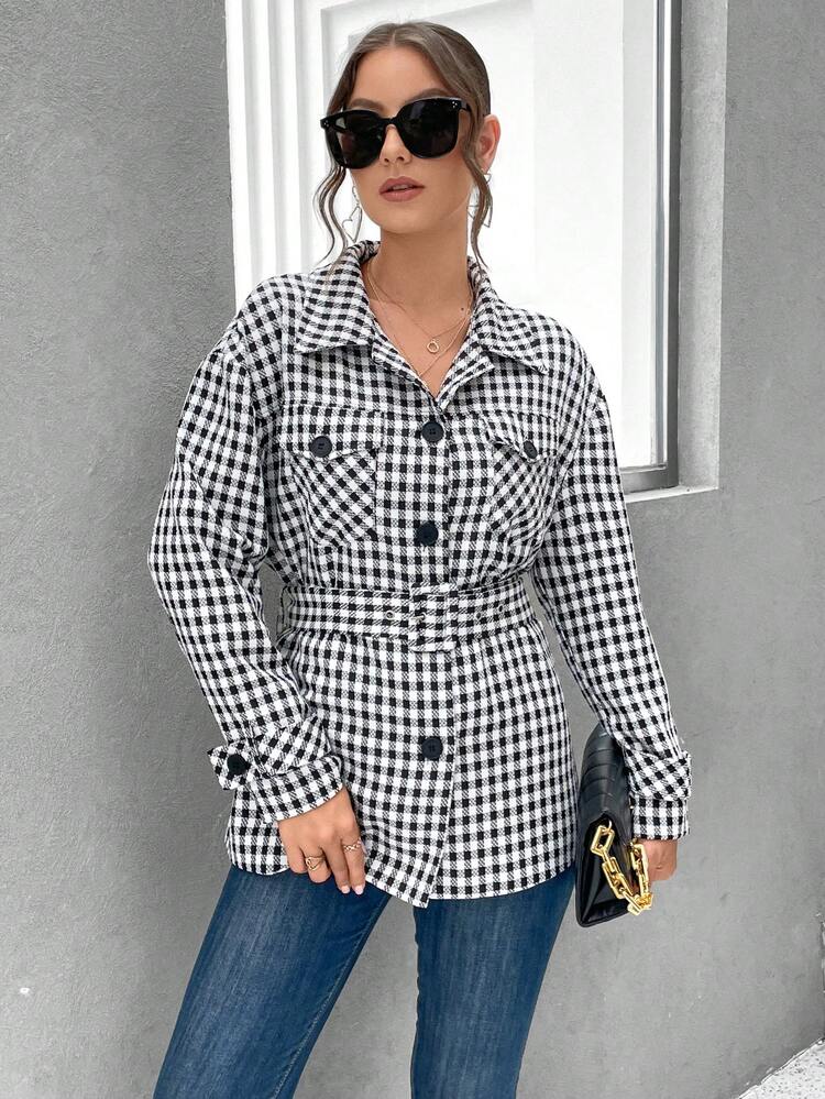Gingham Print Drop Shoulder Flap Pocket Belted Coat
