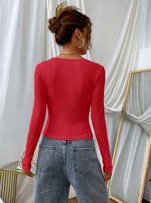 SHEIN EZwear 大圓領條紋針織T恤 - 紅色 - 查看 2