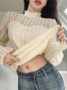 DAZY Frill Trim Mock Neck Flounce Sleeve Tee - Apricot - View 5