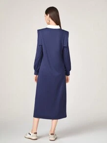 Seusyu Contrast Collar Polo Neck Sweatshirt Dress - Purple - View 2