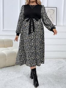 SHEIN Thai sản In hoa Báo Tay áo lồng đèn Váy có thắt lưng - Lạc đà - Xem 4