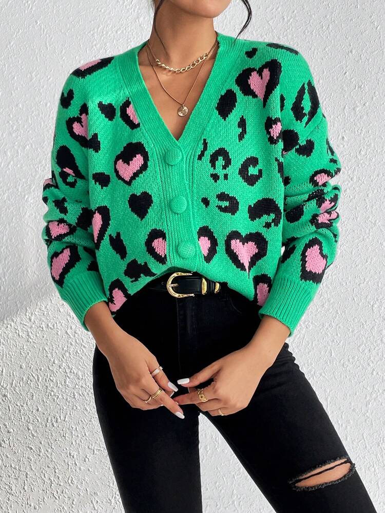 Leopard Pattern Drop Shoulder Cardigan,Long Sleeve Tops Fall Winter Cloth For Women