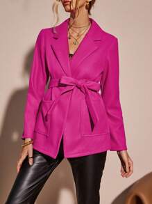 SHEIN Clasi 西裝領翻蓋口袋腰帶花呢外套 - 玫紅色 - 查看 1