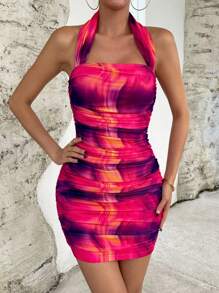 SHEIN Privé Tie Dye Ruched Backless Halter Bodycon Dress
