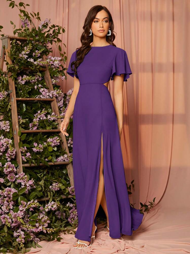 SHEIN Belle Chất rắn Tách đùi Váy phù dâu - Màu tím - Xem 4
