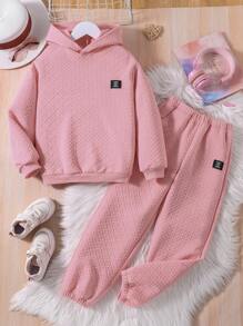 SHEIN Cô gái Tween Chi tiết Patched thư Áo Hoodie & Quần - Hồng - Xem 1