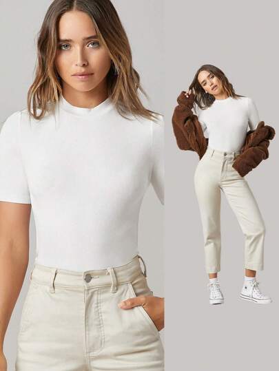 SHEIN BASICS Mock-Neck Rib-knit Top