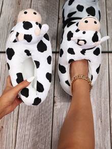 Zapatos Divertido con diseño de vaca Zapatillas con tacón para casa , cálido - Blanco y Negro - Ver 2