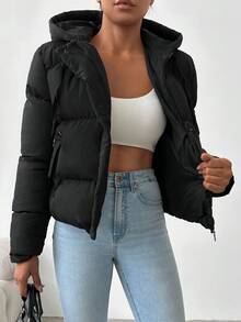 EURMUSE Zip Up Drawstring Hooded Puffer Coat - Black - View 3