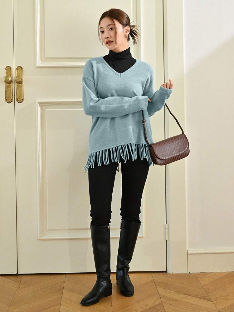 1pc Drop Shoulder Fringe Hem Sweater,Fall Women Clothes