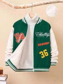 SHEIN Tween Boy Letter Embroidery Varsity Jacket Without Hoodie - Green - View 1