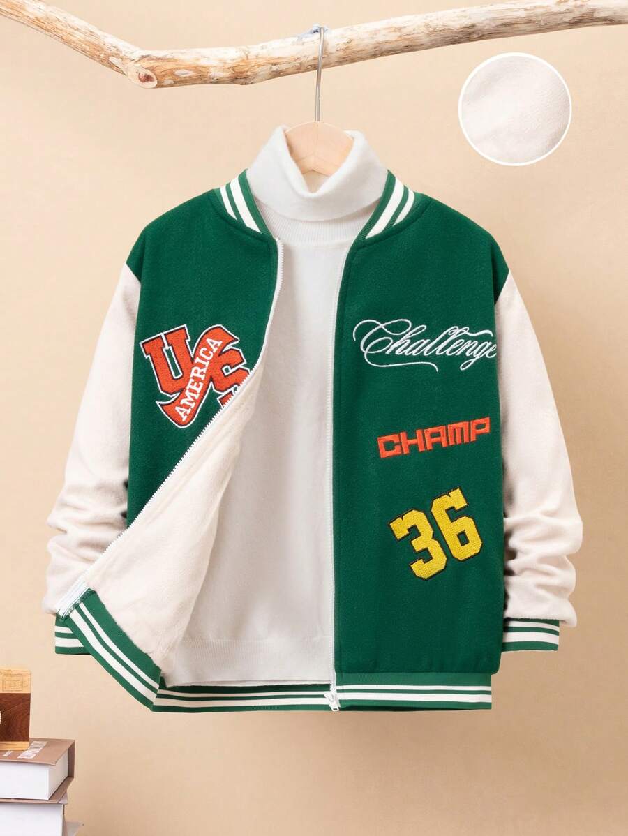 SHEIN Tween Boy Letter Embroidery Varsity Jacket Without Hoodie - Green - View 1