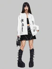 ROMWE PUNK Floral & Skeleton Graphic Ripped Drop Shoulder Denim Jacket - White - View 3