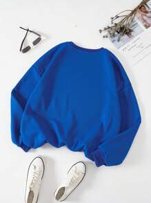 SHEIN LUNE 大碼人像圖案加絨內裏運動衫 - 寶藍色 - 查看 2