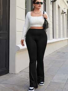 SHEIN Cottnline Plus Flare Leg Pants - Black - View 2
