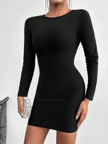 SHEIN Cottnline Solid Ribbed Knit Bodycon Dress - Black - View 5
