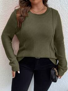 SHEIN LUNE 大碼接縫細節套頭毛衣 - 墨綠色 - 查看 5