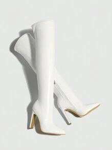 Của phụ nữ Đàn hồi Qua đầu gối Da giả Giày ống Với Pointed Toe , Dày Giày cao gót Và Dây kéo bên - trắng - Xem 6