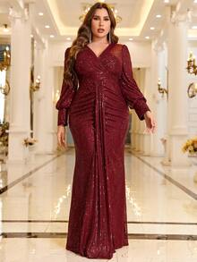 Plus Draped Detail Sequin Prom Dress - Burgundy - View 3