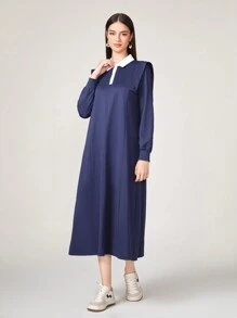 Seusyu Contrast Collar Polo Neck Sweatshirt Dress - Purple - View 6
