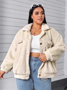 SHEIN EZwear Plus Flap Detail Drop Shoulder Teddy Jacket - Apricot - View 3