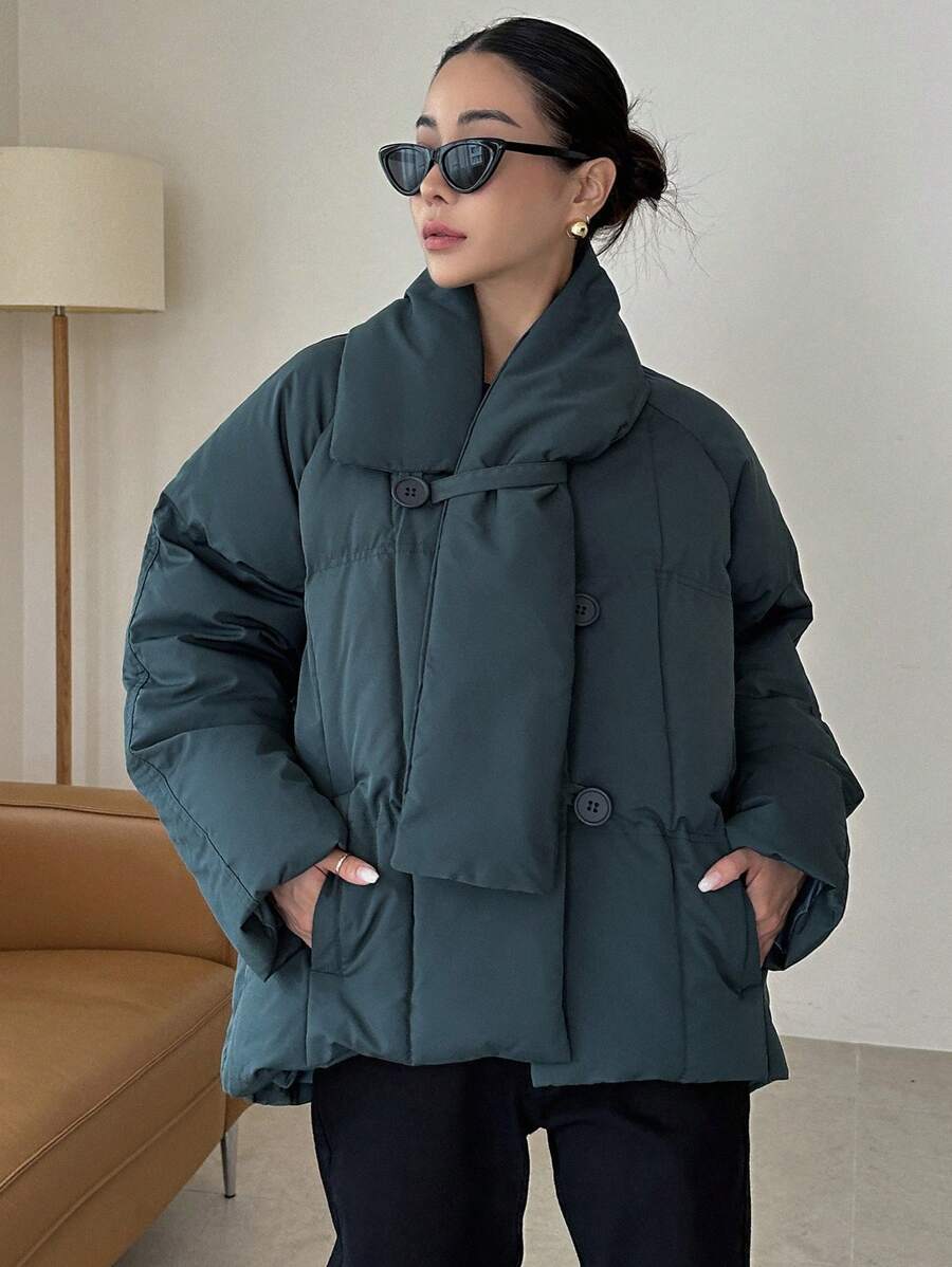 DAZY 纯色纽扣前衬垫厚口袋外套，女式冬季外套夹克 - 墨綠色 - 查看 1