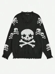 SHEIN EZwear Halloween Hình đầu lâu Thả vai Đau khổ Cắt tỉa Áo len - Đen và trắng - Xem 5